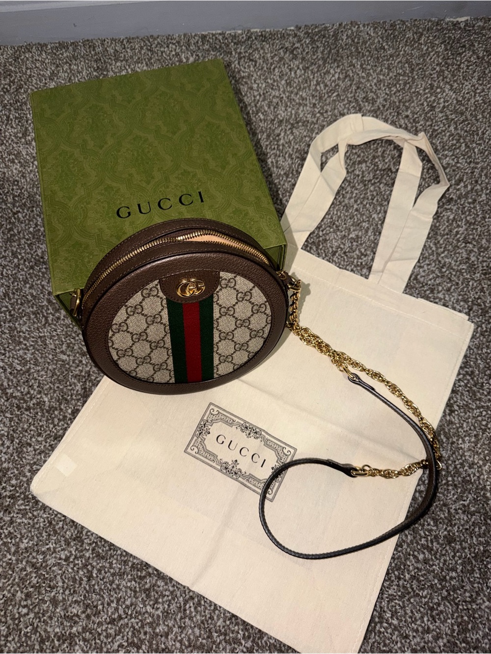 Gucci Ophidia Mini Round Shoulder Bag in Beige, Brown, Green & Red